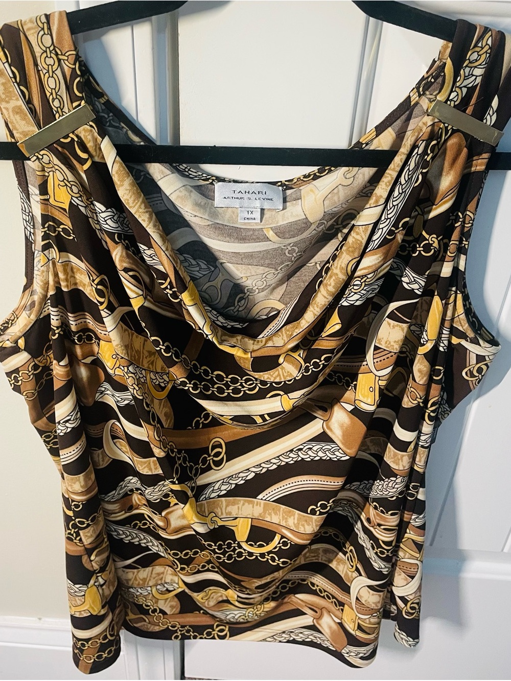 Tahari Gold and Brown Chain-Print Draped Sleeveless Top
